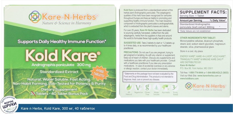 Kare n Herbs, Kold Kare, 300 мг, 40 таблеток