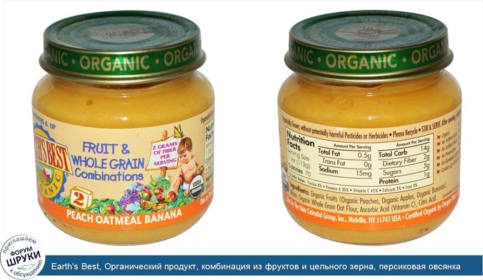 Earth\'s Best, Органический продукт, комбинация из фруктов и цельного зерна, персиковая овсянка с бананом, стадия 2, 6 месяцев и старше, 4 унции...