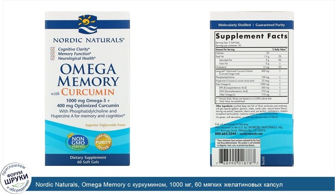 Nordic Naturals, Omega Memory с куркумином, 1000 мг, 60 мягких желатиновых капсул