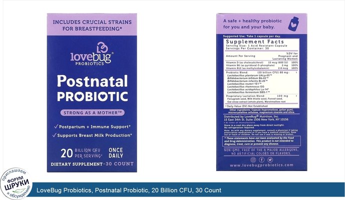 LoveBug Probiotics, Postnatal Probiotic, 20 Billion CFU, 30 Count