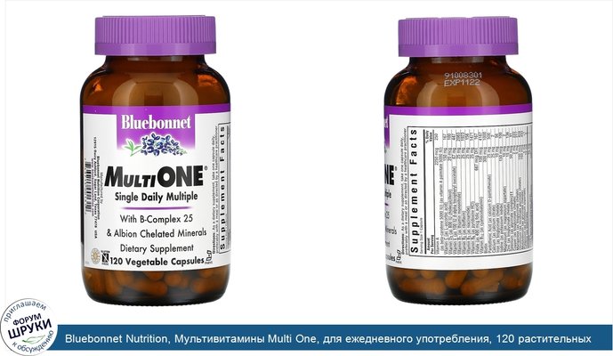 Bluebonnet Nutrition, Мультивитамины Multi One, для ежедневного употребления, 120 растительных капсул