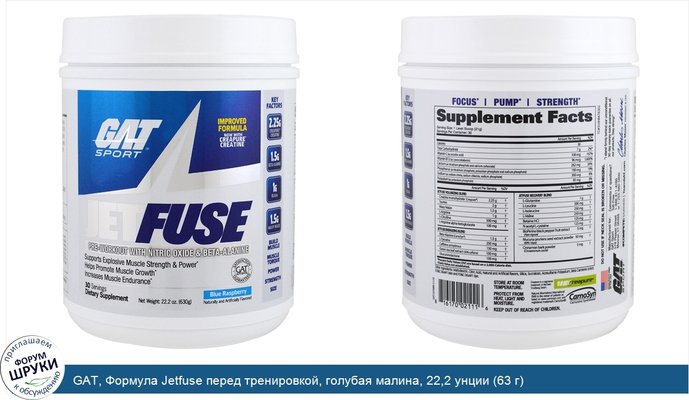 GAT, Формула Jetfuse перед тренировкой, голубая малина, 22,2 унции (63 г)