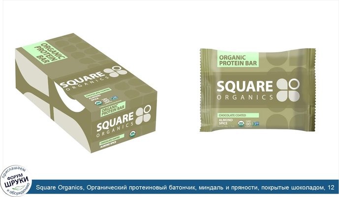 Square Organics, Органический протеиновый батончик, миндаль и пряности, покрытые шоколадом, 12 батончиков, 1,7 унции (48 г) каждый