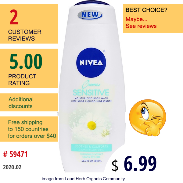 Nivea, Cream Sensitive, Moisturizing Body Wash, 16.9 Fl Oz (500 Ml)  