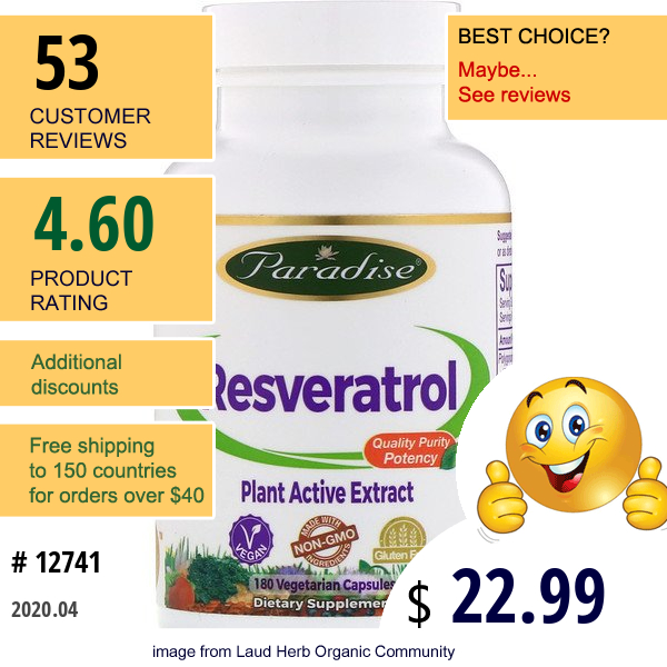 Paradise Herbs, Resveratrol, 180 Vegetarian Capsules