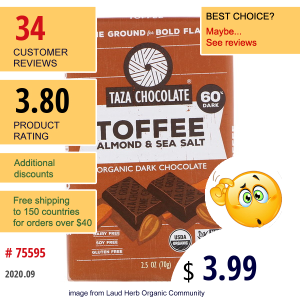 Taza Chocolate, Organic Dark Chocolate, Toffee Almond & Sea Salt, 2.5 Oz (70 G)  