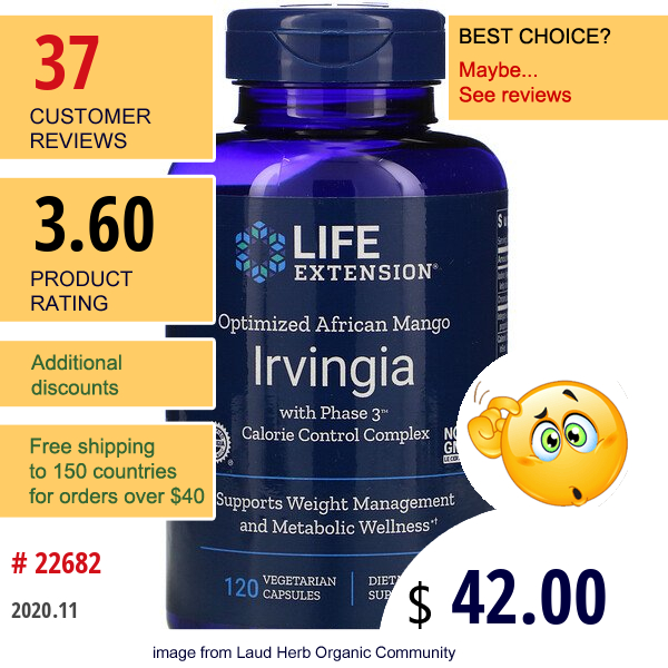 Life Extension, Optimized African Mango Irvingia With Phase 3 Calorie Control Complex, 120 Vegetarian Capsules