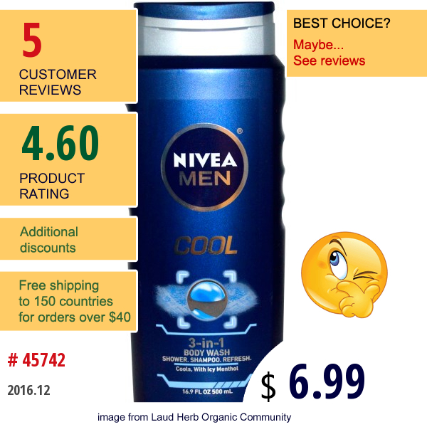 Nivea, 3-In-1 Body Wash, Men, Cool, 16.9 Fl Oz (500 Ml)