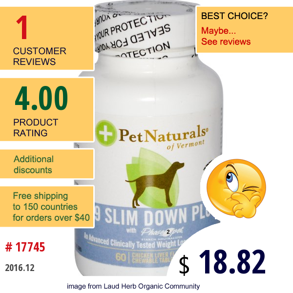 Pet Naturals Of Vermont, K-9 Slim Down Plus, With Phase 2 Pet, Chicken Liver Flavored, 60 Chewable Tablets  