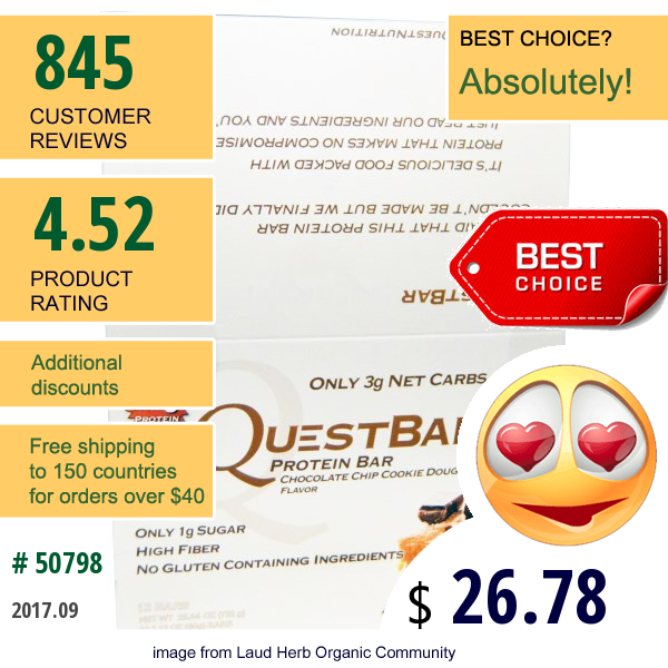 Quest Nutrition, Questbar Protein Bar, Chocolate Chip Cookie Dough, 12 Bars, 2.12 Oz (60 G) Each  