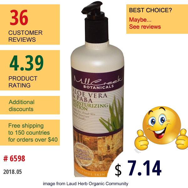 Mill Creek, Moisturizing Lotion, Aloe Vera & Paba, 16 Fl Oz (473 Ml)  