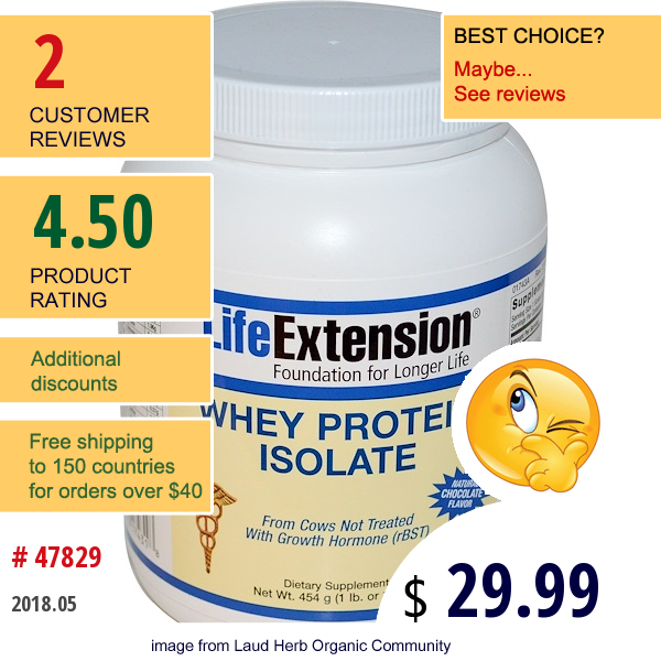 Life Extension, Whey Protein Isolate, Natural Chocolate Flavor, 16 Oz (454 G)  