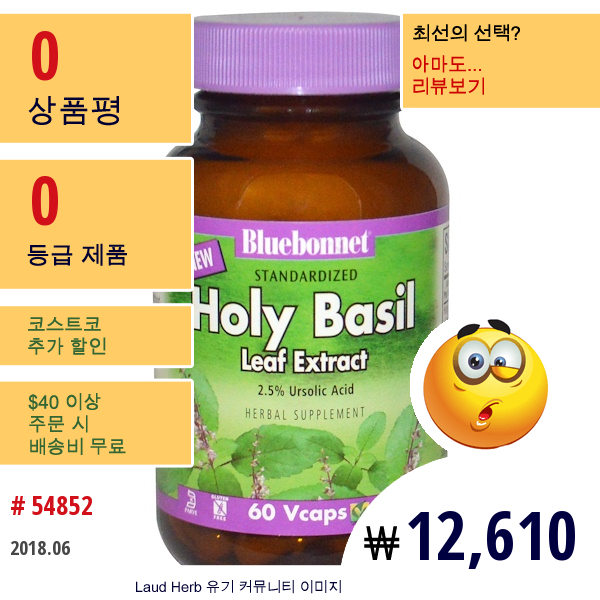 Bluebonnet Nutrition, 거룩한 바질잎 추출물, 60개의 채식 캡슐  