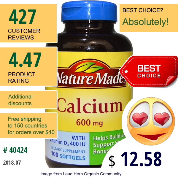 Nature Made, Calcium With Vitamin D3 400 Iu, 600 Mg, 100 Softgels