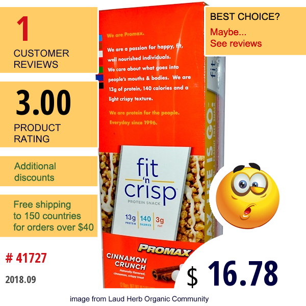 Promax Nutrition, Fit n Crisp, Protein Snack, Cinnamon Crunch, 12 Bars, 1.36 Oz (38 G) Each  