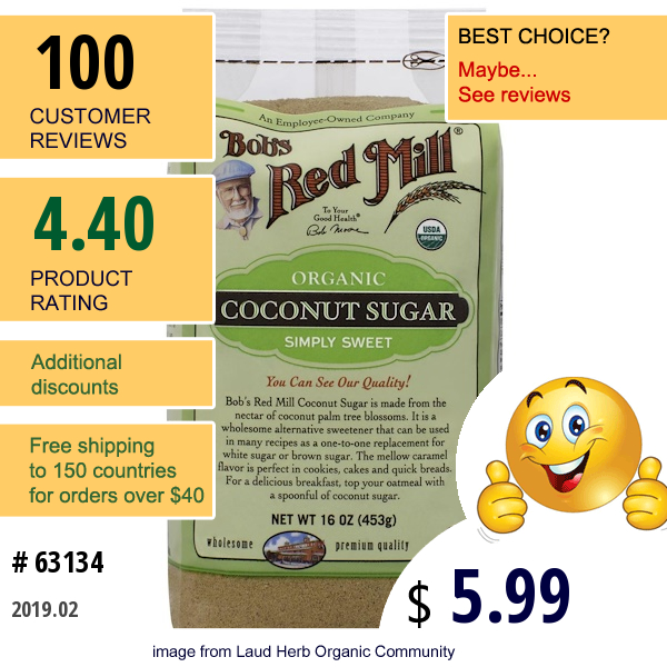 Bobs Red Mill, Organic Coconut Sugar, 16 Oz (453 G)