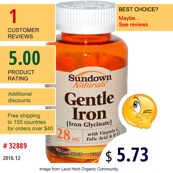 Sundown Naturals, Gentle Iron (Iron Glycinate), 28 Mg, 90 Capsules  