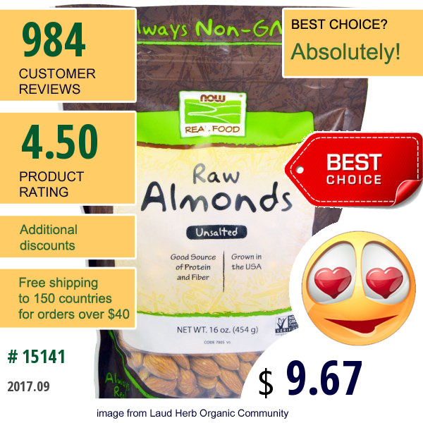 Now Foods, Real Food, Raw Almonds, Unsalted, 16 Oz (454 G)