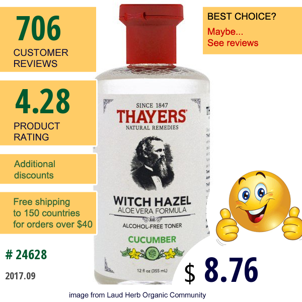 Thayers, Witch Hazel, Aloe Vera Formula, Alcohol Free Toner, Cucumber, 12 Fl Oz (355 Ml)