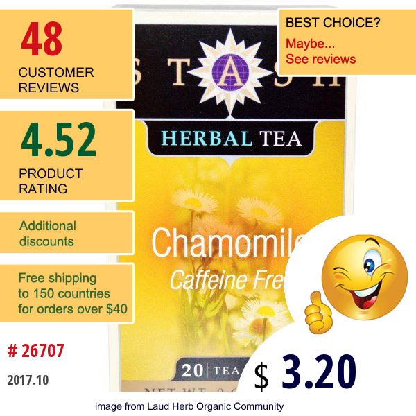Stash Tea, Premium, Herbal Tea, Chamomile, Caffeine Free, 20 Tea Bags, 0.6 Oz (18 G)