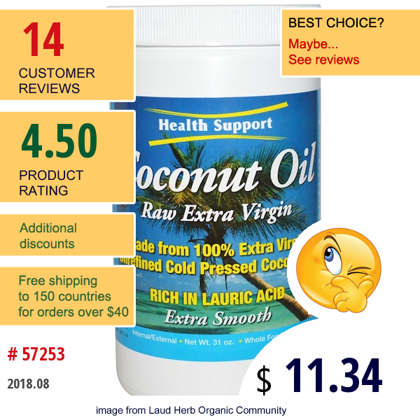 Health Support, Coconut Oil, Raw Extra Virgin, 31 Oz   