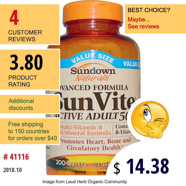 Sundown Naturals, Sunvite, Active Adult 50+, Multi-Vitamin & Multi-Mineral Formula, 200 Tablets  