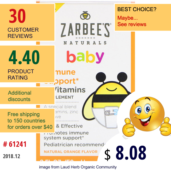 Zarbees, Baby, Immune Support & Vitamins, Natural Orange Flavor, 2 Fl Oz (59 Ml)