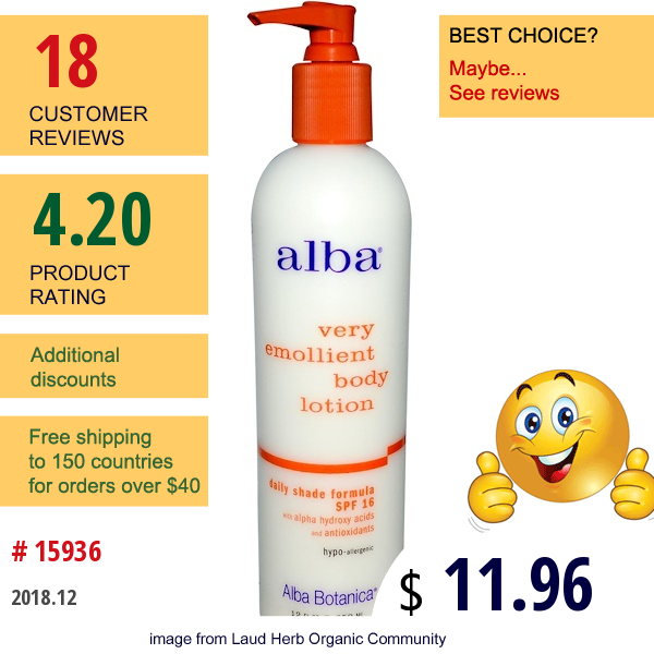 Alba Botanica, Very Emollient Body Lotion, Daily Shade Formula, Spf 16, 12 Fl Oz (350 Ml)  