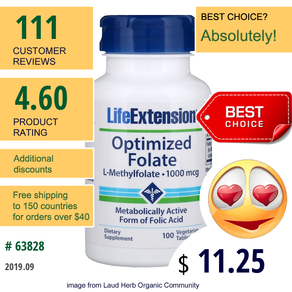 Life Extension, Optimized Folate, 1,000 Mcg, 100 Vegetarian Tablets