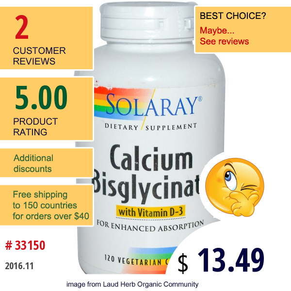 Solaray, Calcium Bisglycinate, With Vitamin D-3, 120 Veggie Caps  