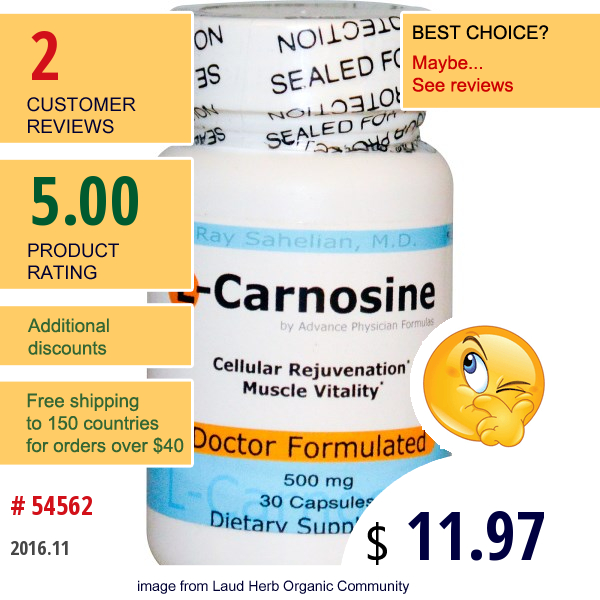 Advance Physician Formulas, Inc., L-Carnosine, 500 Mg, 30 Capsules