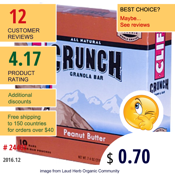 Clif Bar, Crunch Granola Bar, Peanut Butter, 10 Bars (5 Two-Bar Pouches), 1.5 Oz (42 G) Each  