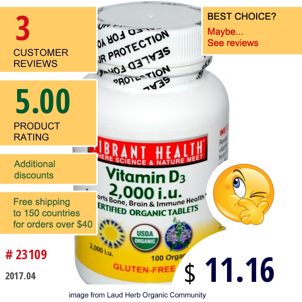 Vibrant Health, Vitamin D3, 2,000 Iu, 100 Organitabs  