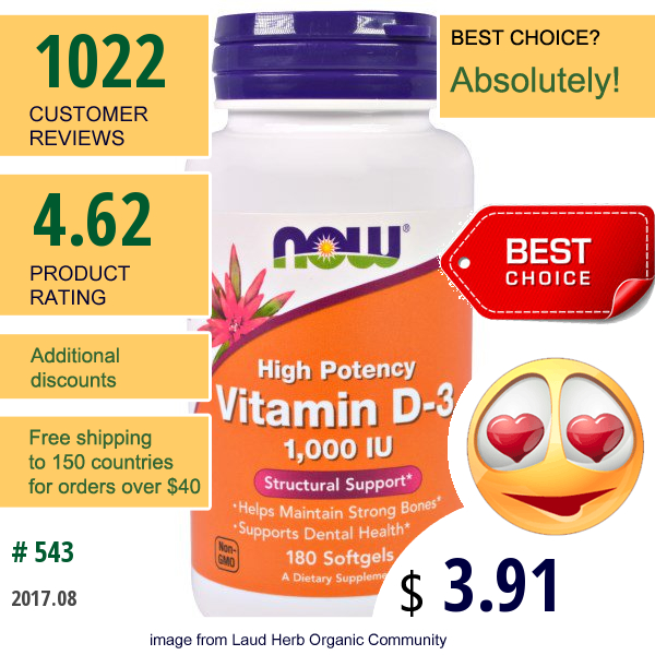 Now Foods, Vitamin D-3, 1,000 Iu, 180 Softgels