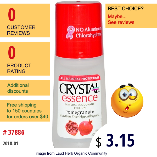 Crystal Body Deodorant, Crystal Essence, Mineral Deodorant Roll-On, Pomegranate, 2.25 Fl Oz (66 Ml)  