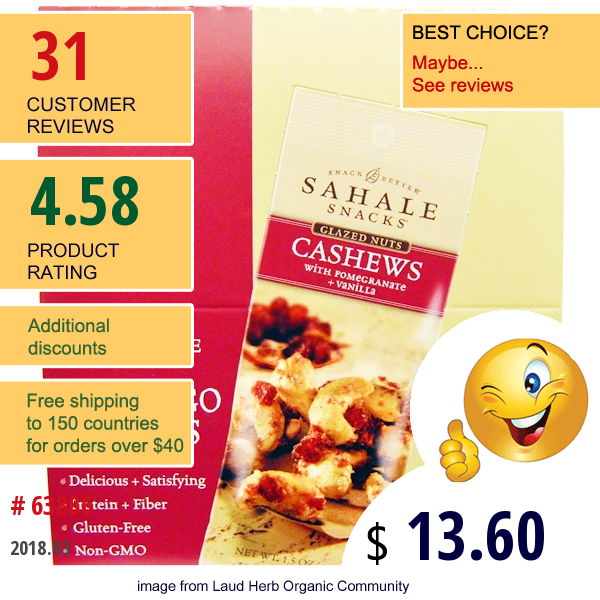 Sahale Snacks, Glazed Nuts, Cashews With Pomegranate + Vanilla, 9 Packs, 1.5 Oz (42.5 G) Each