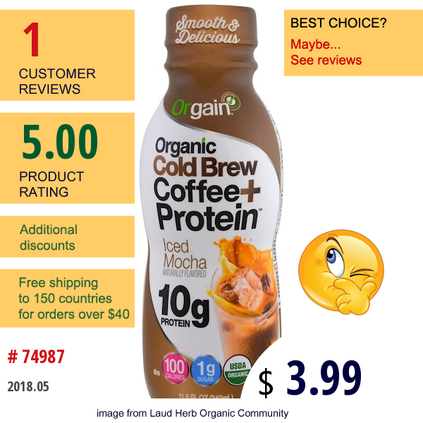 Orgain, Organic Cold Brew Coffee + Protein, Iced Mocha, 11.5 Fl Oz (340 Ml)  