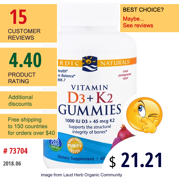 Nordic Naturals, Vitamin D3 + K2 Gummies, Pomegranate, 60 Gummies