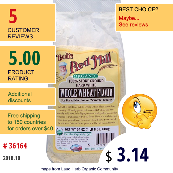 Bobs Red Mill, Organic, Hard White Whole Wheat Flour, 24 Oz (680 G)  