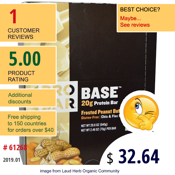 Probar, Base, 20 G Protein Bar, Frosted Peanut Butter, 12 Bars, 2.46 Oz (70 G) Each  