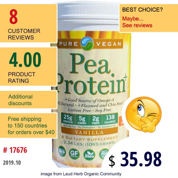 Pure Advantage, Pure Vegan, Pea Protein, Vanilla, 2.34 Lbs (1065 G)  