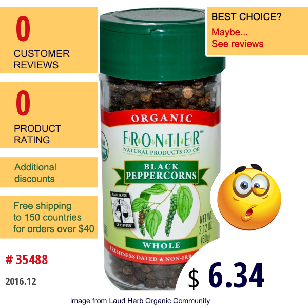 Frontier Natural Products, Organic Fair Trade Certified Black Peppercorns, Whole, 2.12 Oz (60 G)  