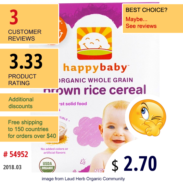 Nurture  (Happy Baby), Organic Whole Grain Brown Rice Baby Cereal, 8 Oz (227 G)  