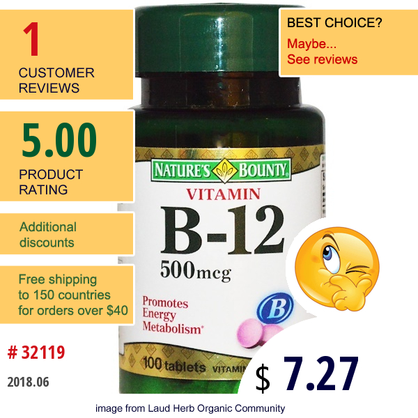 Natures Bounty, Vitamin B-12, 500 Mcg, 100 Tablets  