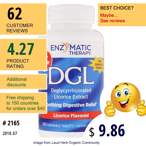 Enzymatic Therapy, Dgl, Deglycyrrhizinated Licorice Extract, Licorice Flavored, 100 Chewable Tablets