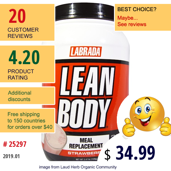 Labrada Nutrition, Lean Body, Meal Replacement, Strawberry, 2.47 Lb (1120 G)