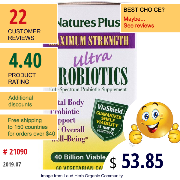 Nature'S Plus, Ultra Probiotics, 40 Billion Viable Cells, 60 Veggie Caps