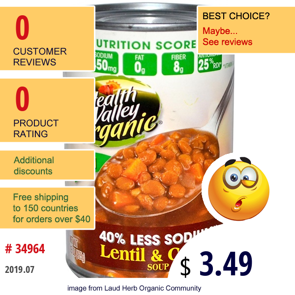 Health Valley, Organic, Lentil & Carrot Soup, 15 Oz (425 G)  