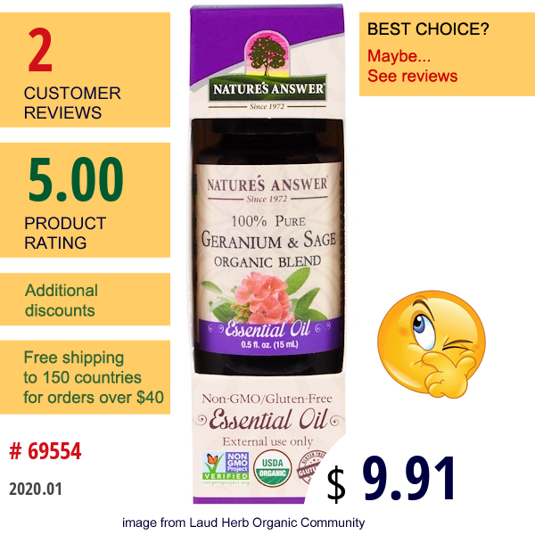 Nature'S Answer, 100% Pure, Organic Blend Essential Oil, Geranium & Sage , 0.5 Fl Oz (15 Ml)  