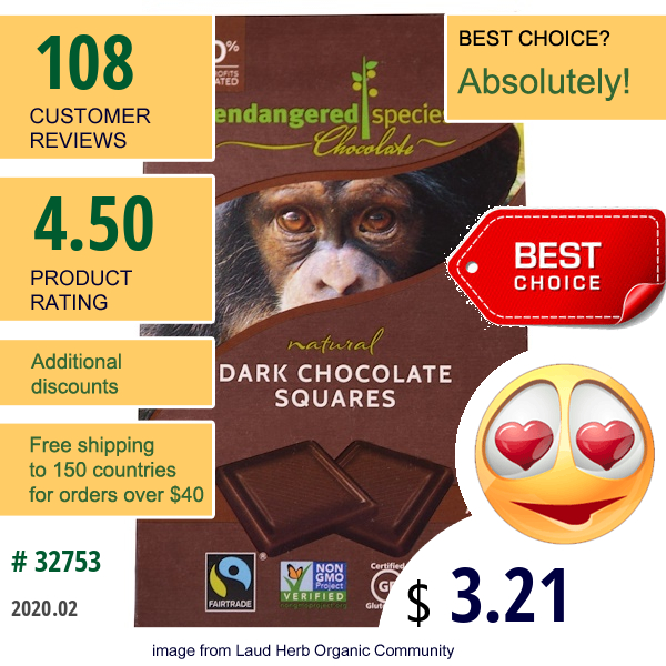 Endangered Species Chocolate, Natural Dark Chocolate Squares, 3.5 Oz (99 G)  